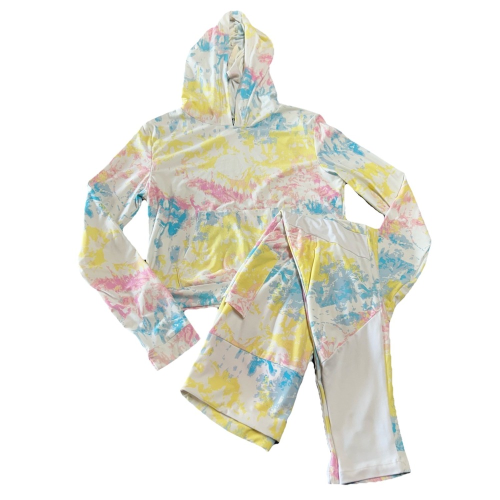 Feathers Womens Lounge Wear Set Size L Pastel Tie‎ Dye Outfit Hooded Lomg Sleeve